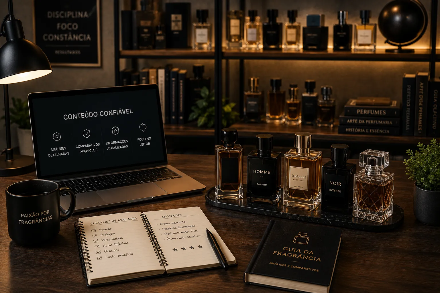 Ambiente profissional utilizado para pesquisas, análises e recomendações de perfumes