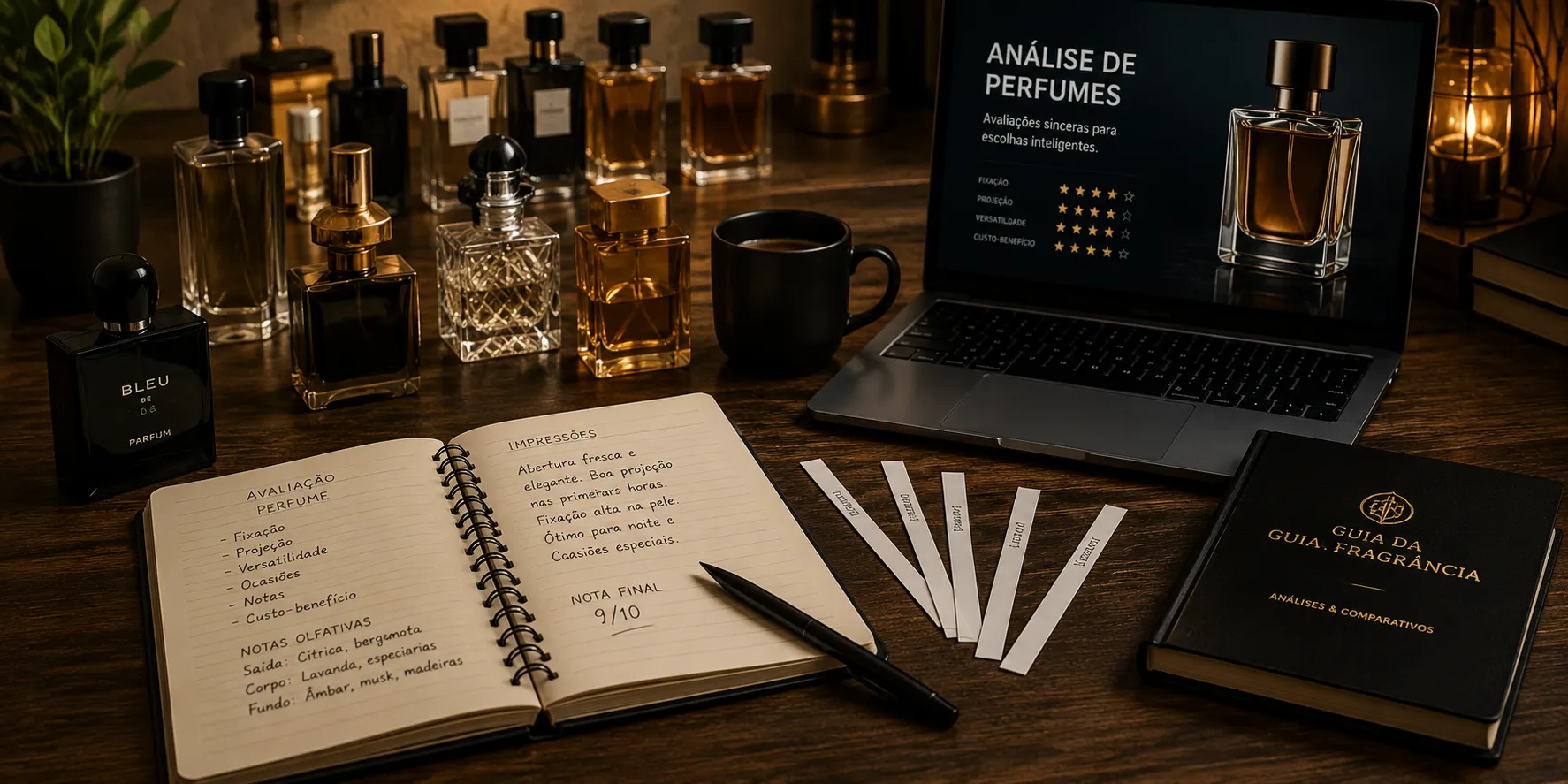 Ambiente de análise de perfumes com frascos, notebook e materiais utilizados para avaliações de fragrâncias