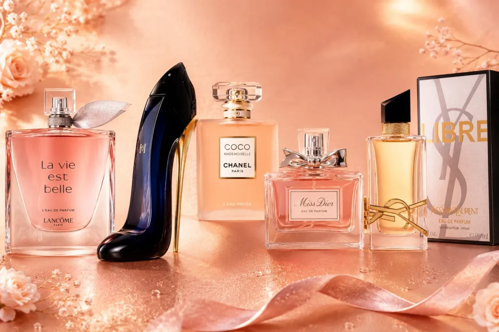 Seleção com os melhores perfumes femininos importados dispostos lado a lado, incluindo La Vie Est Belle, Good Girl, Coco Mademoiselle, Miss Dior e Libre YSL.