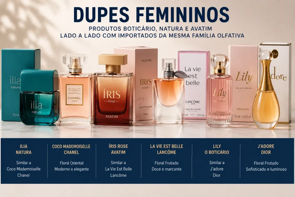 banner com diversos frascos de perfumes femininos similares e dupes
