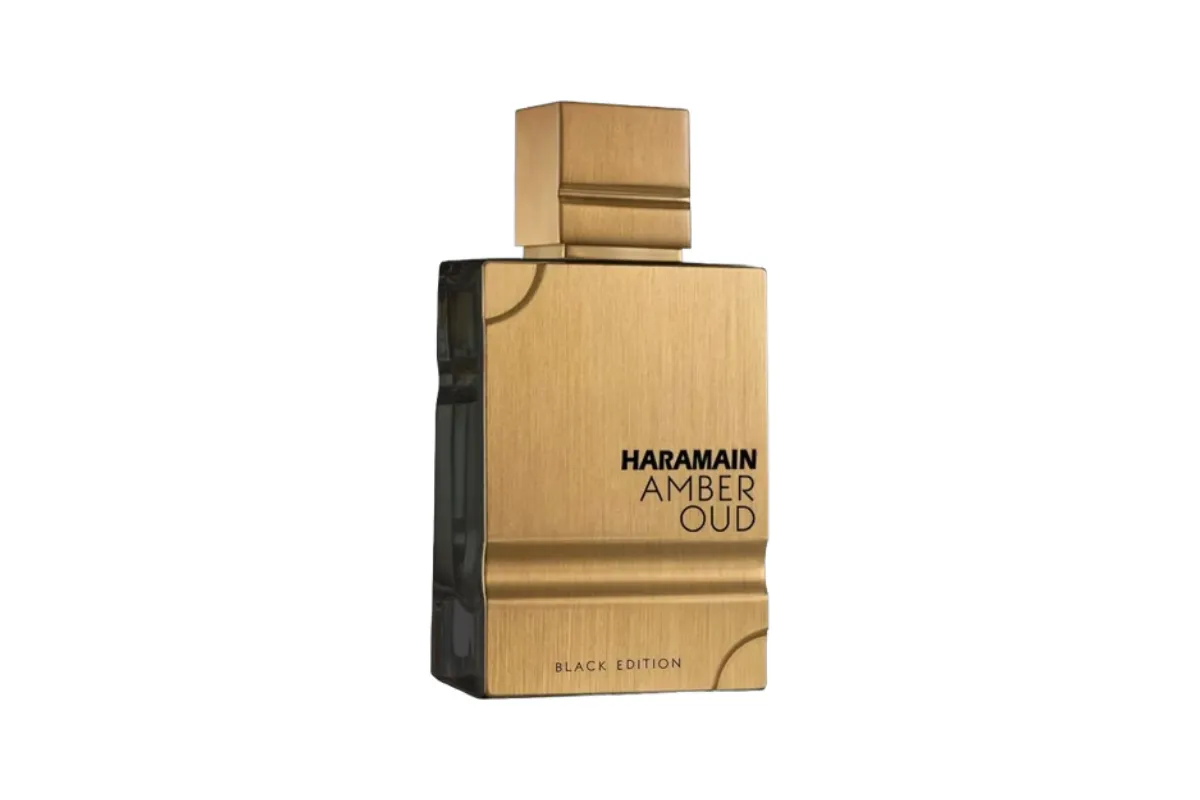 frasco do perfume al haramain amber oud black edition árabe
