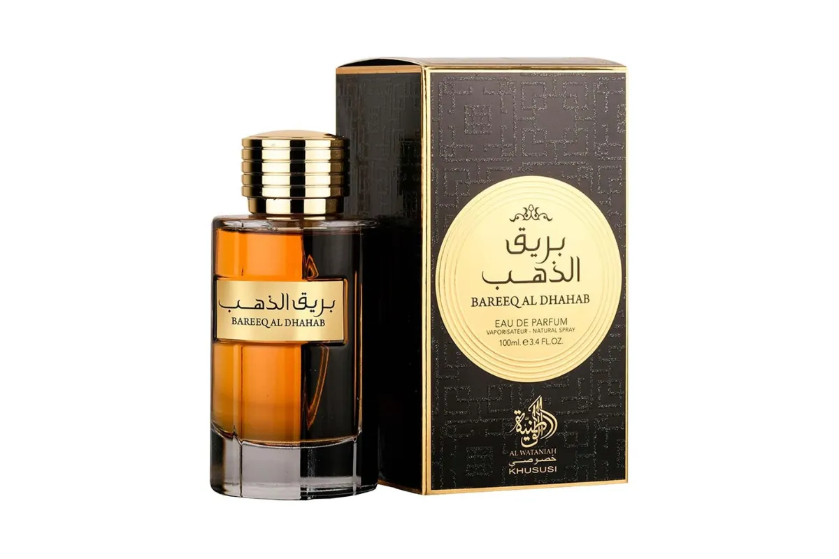 frasco e caixa do perfume al wataniah bareeq al dhahab árabe