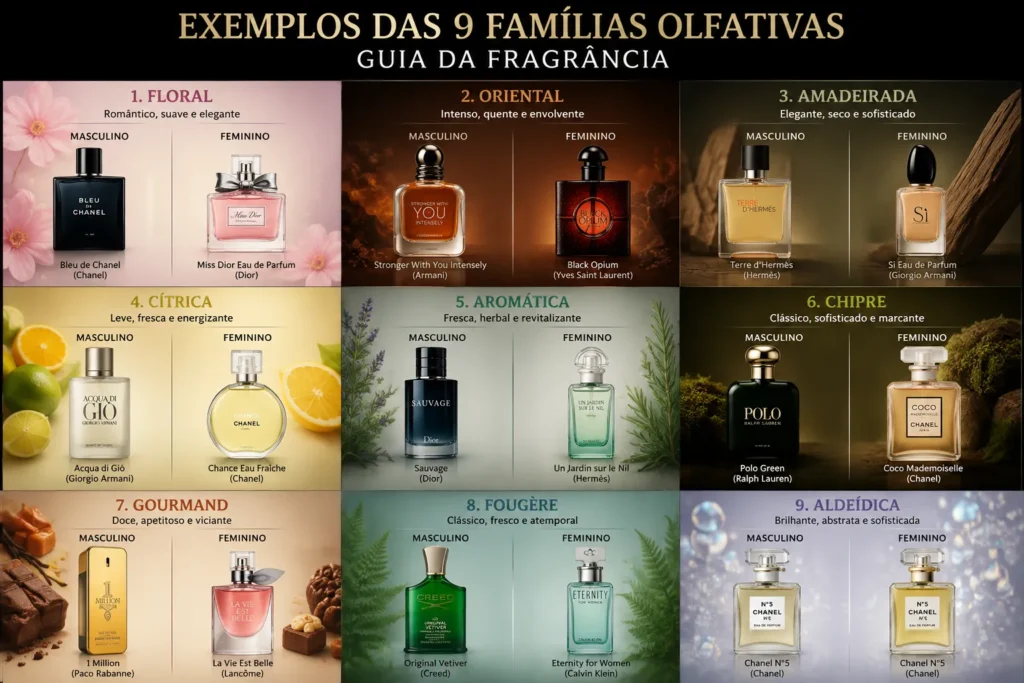 infográfico com exemplos das 9 famílias olfativas de perfumes masculinos e femininos