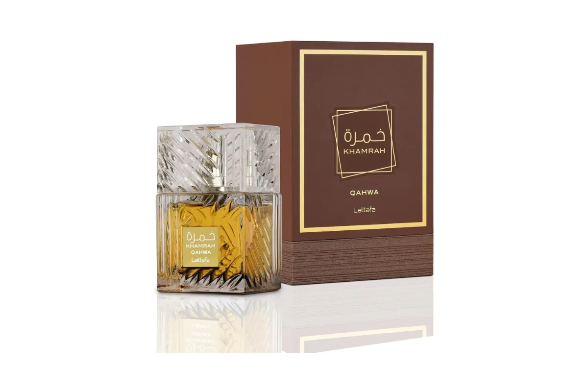frasco e caixa do perfume lattafa khamrah qahwa árabe