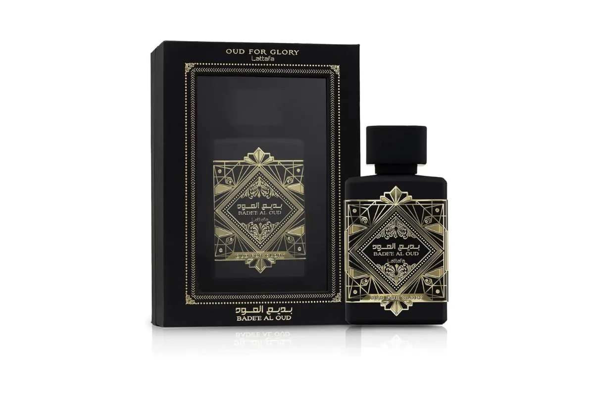 frasco e caixa do perfume lattafa bade'e al oud árabe