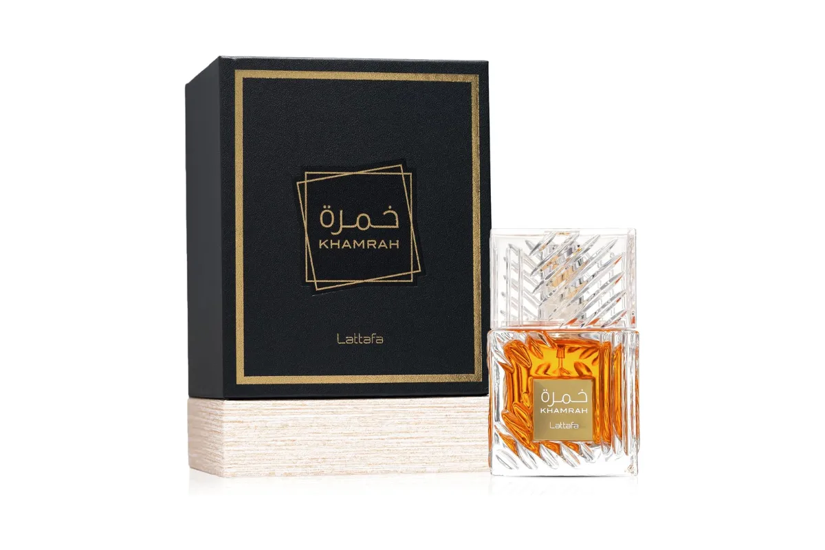 frasco e caixa do perfume lattafa khamrah árabe